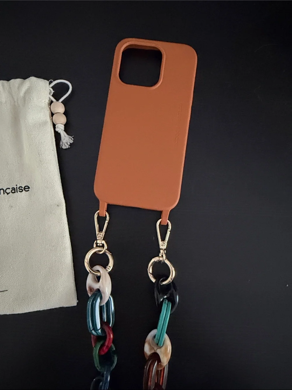 Orange Phone Case with Multicolor Chain Strap